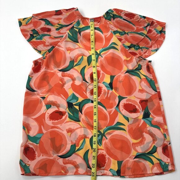 Anthropologie DR2 Womens Blouse Small Orange Tropical Floral Top Flutter Pleat - Picture 9 of 9